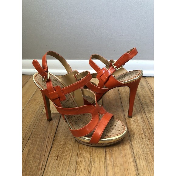 Nine West Shoes - Nine West Breezin Heels Size 8M Orange Leather Strappy Stiletto Gold Trim Buckle